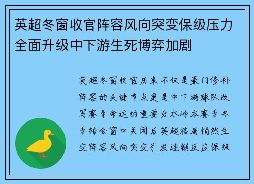 英超冬窗收官阵容风向突变保级压力全面升级中下游生死博弈加剧